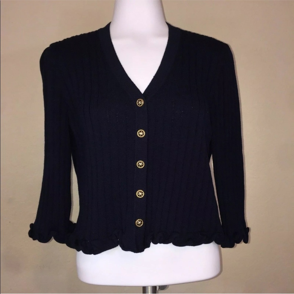 St John Navy Blue Cropped Button Up Sweater 4